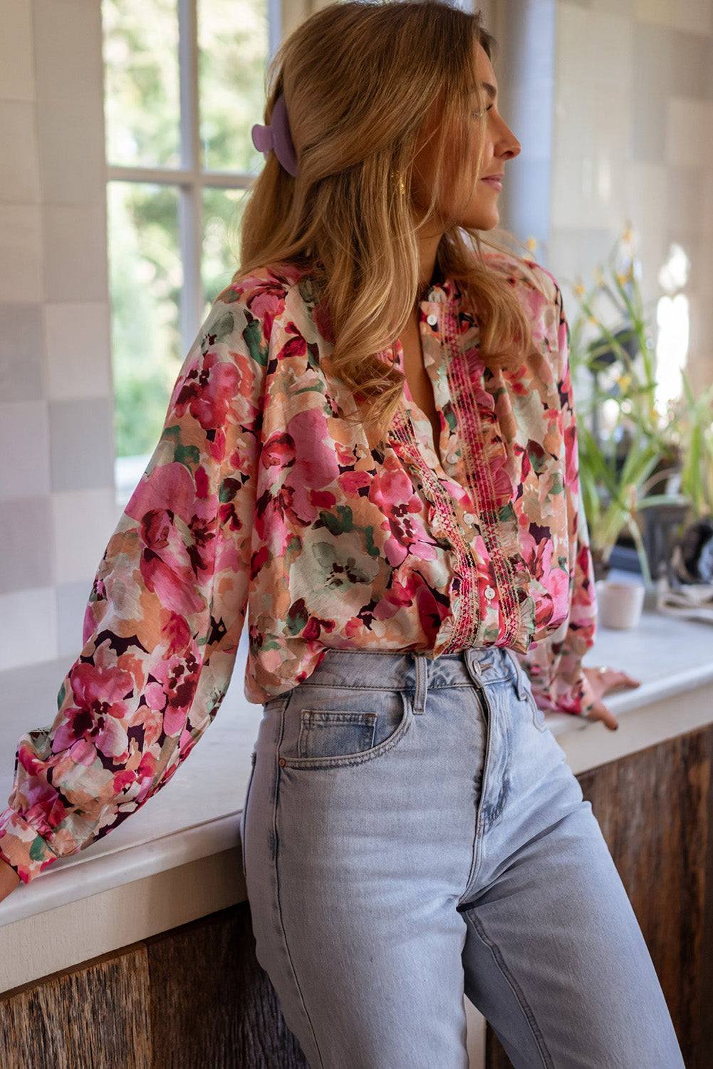 Red Floral Print Frill Blouse