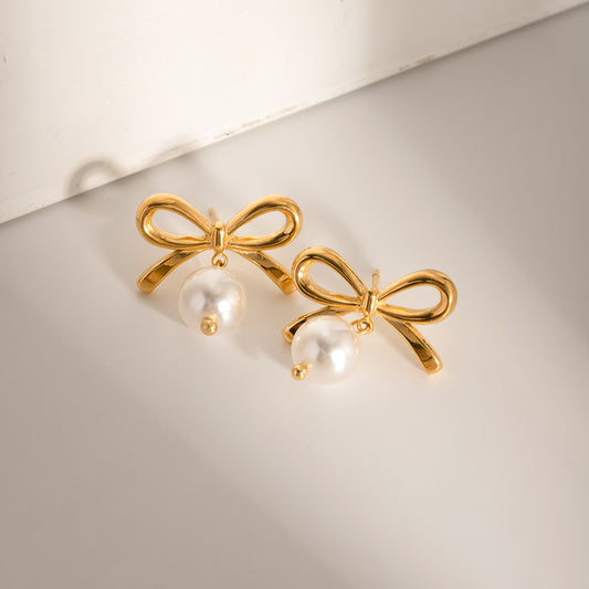 Stainless Steel Gold Bow Pearl Earrings