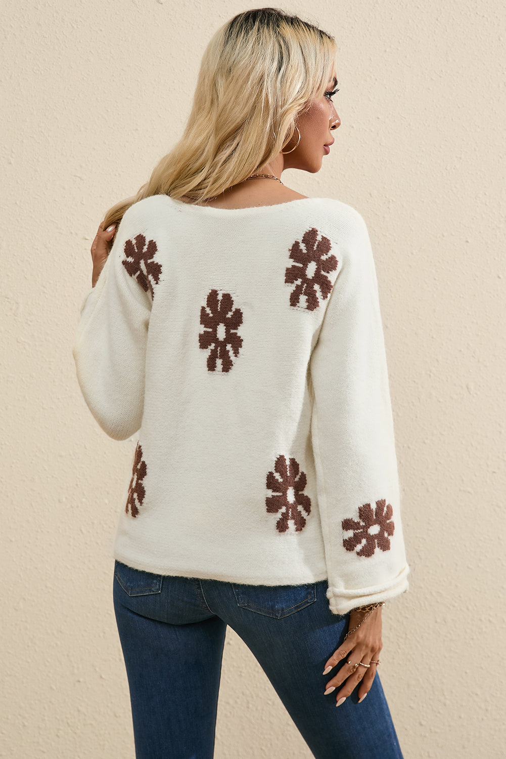 Colorblock Floral Pattern Round Neck Sweater