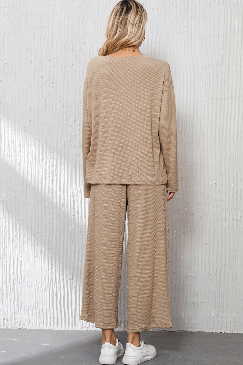 Smoke Gray Loose Textured Pullover & Pants Outfit