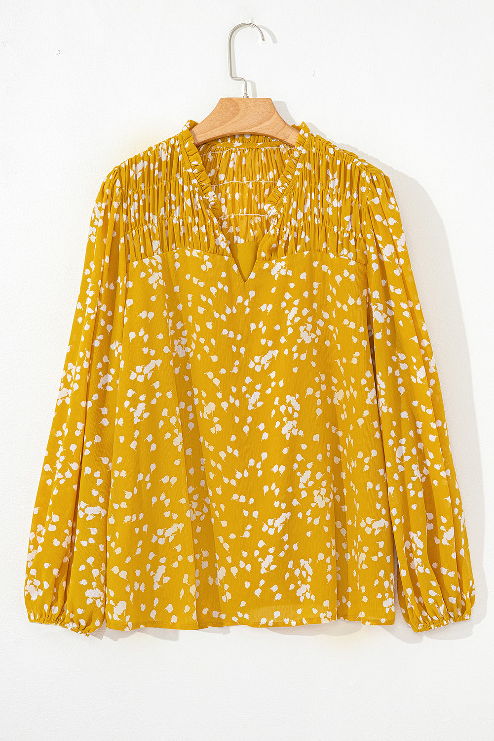 Black Plus Size Floral Print Ruched Split Neck Blouse