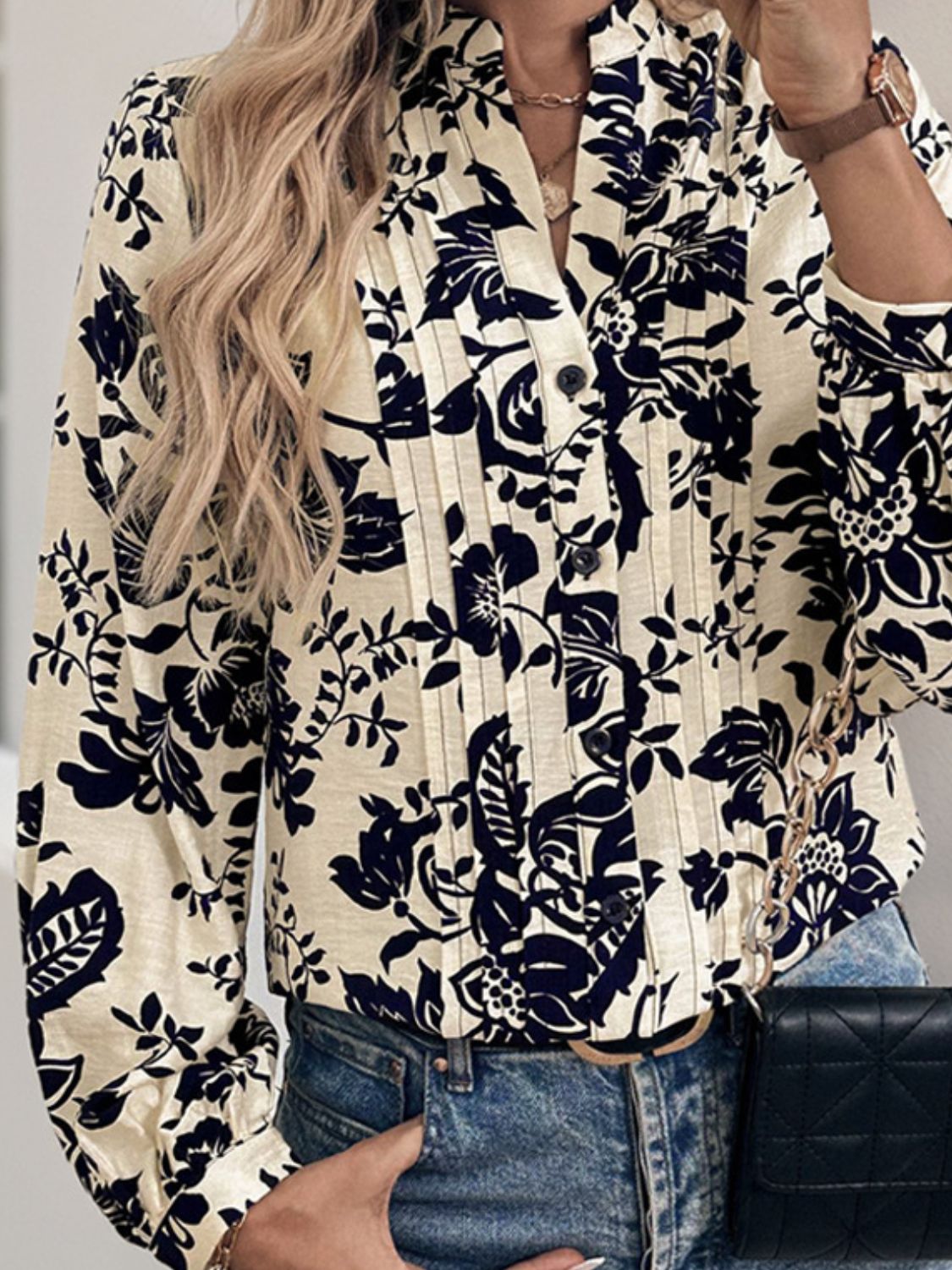 Printed cream and black floral Long Sleeve Shirt