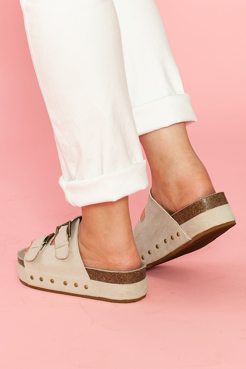 Suede Buckle Decor Corky Platform Slides