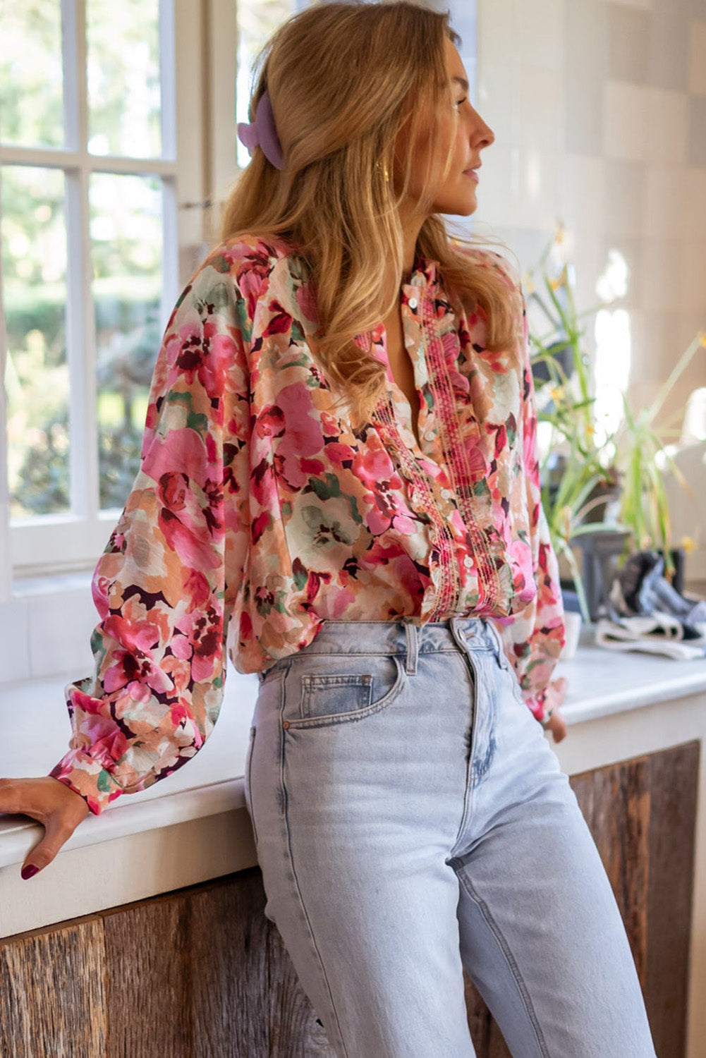 Red Floral Print Frill Blouse