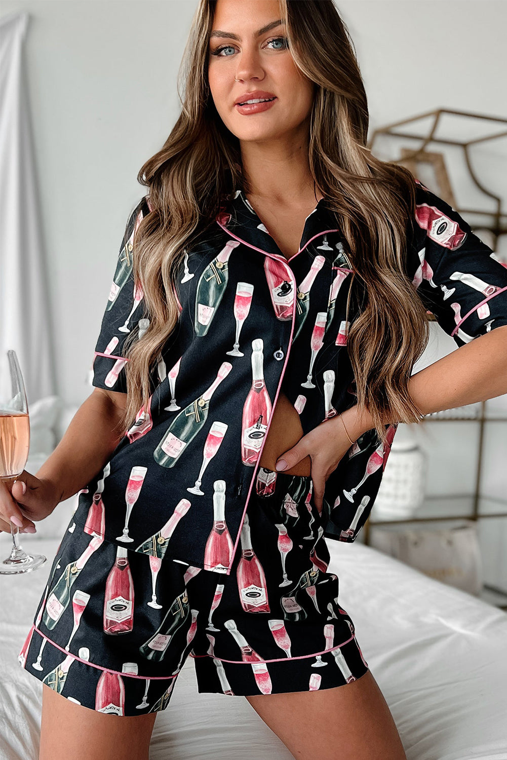 Champagne Print Silky Pajamas Set