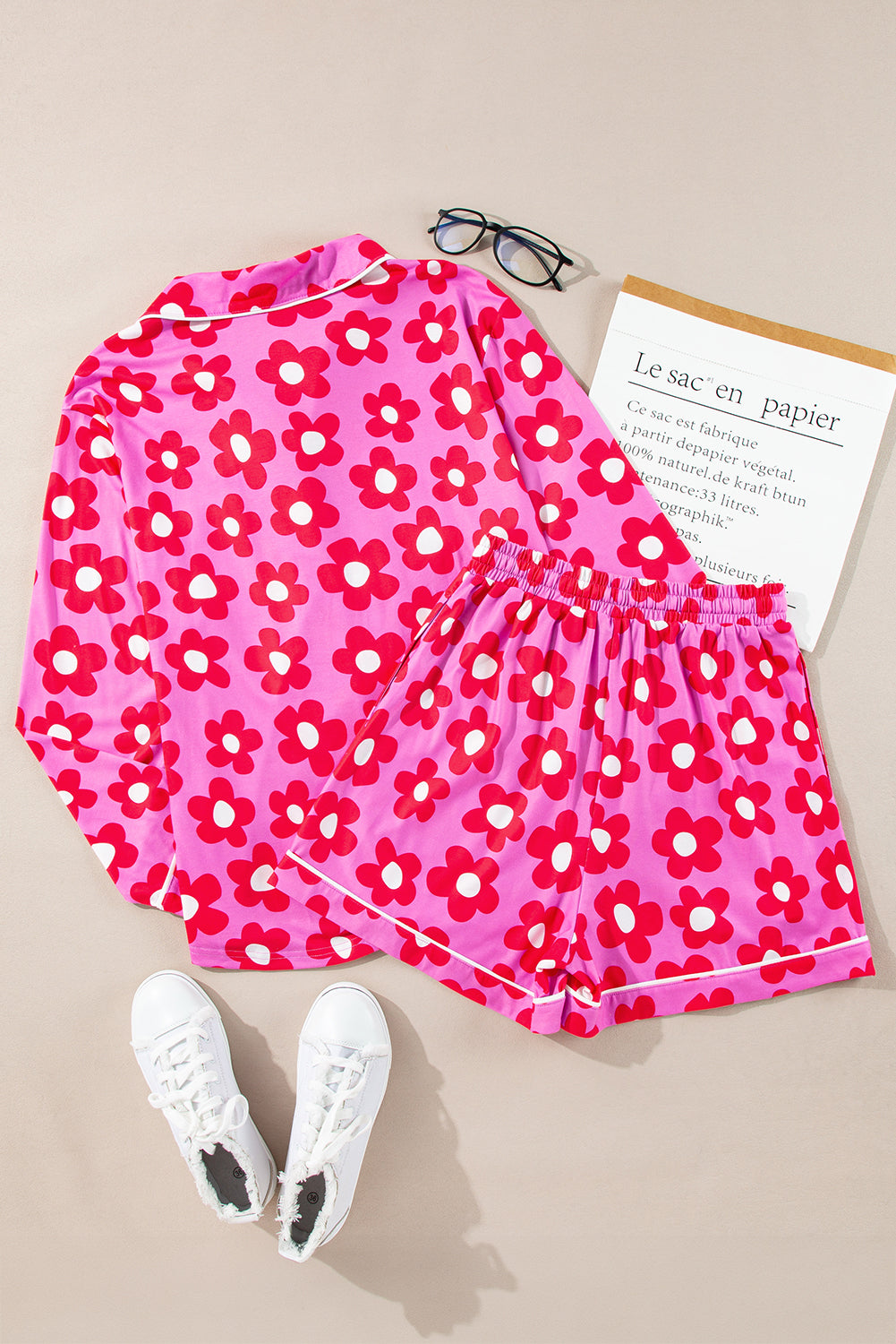 Pink Floral Print Long Sleeve Shirt Shorts Pajamas Set