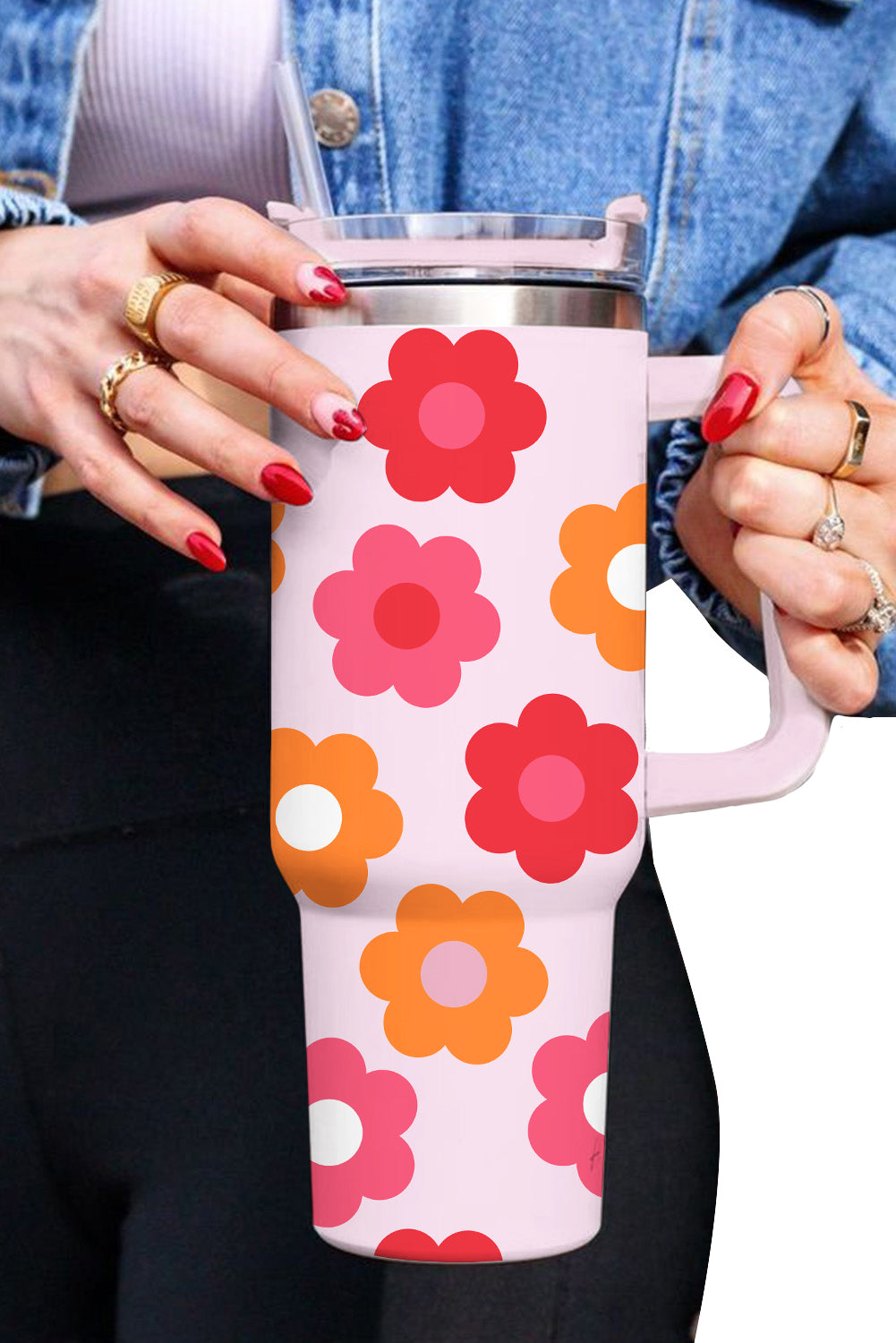 Flower Print Handled Stainless Steel Vacuum Cup 40oz