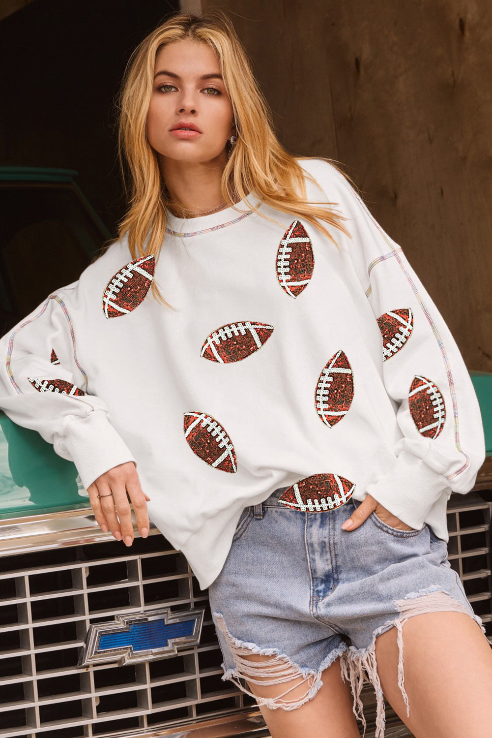 White Sequin Football Pattern Game Day Sweatshirt