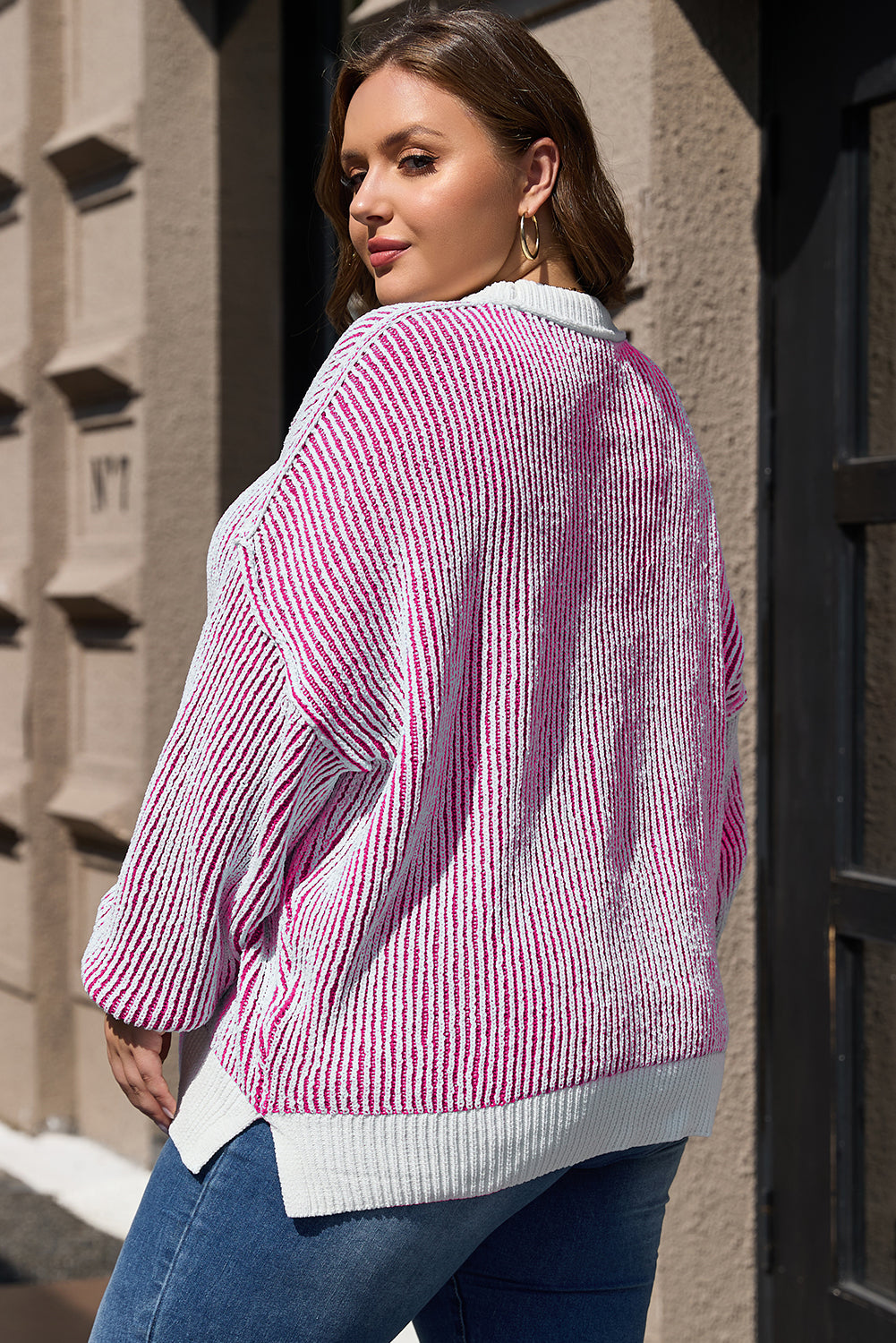 Pink Striped Textured Sweater