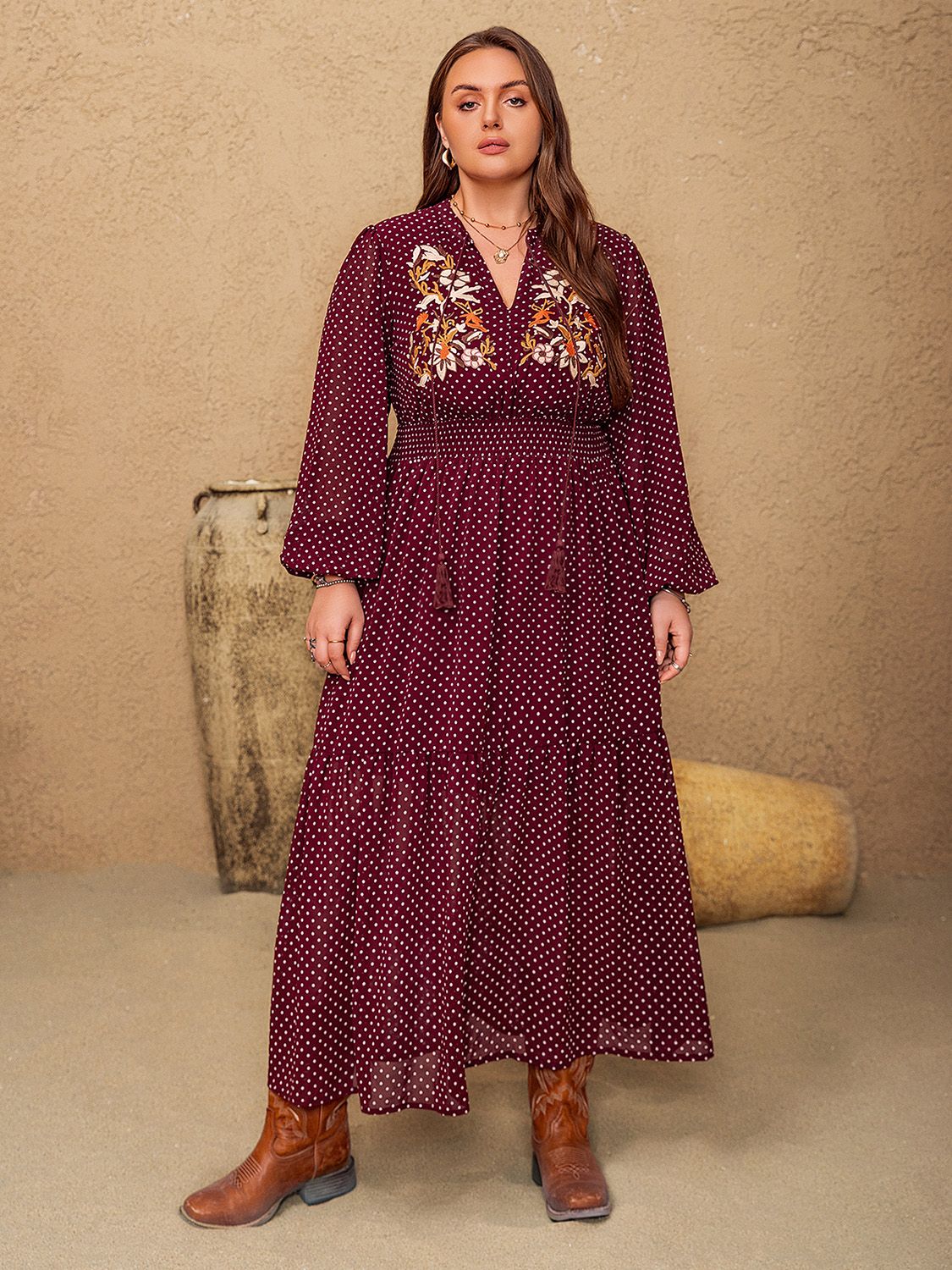 Boho Floral Embroidered Polka Dot Plus Size Midi Dress with Tie Neck