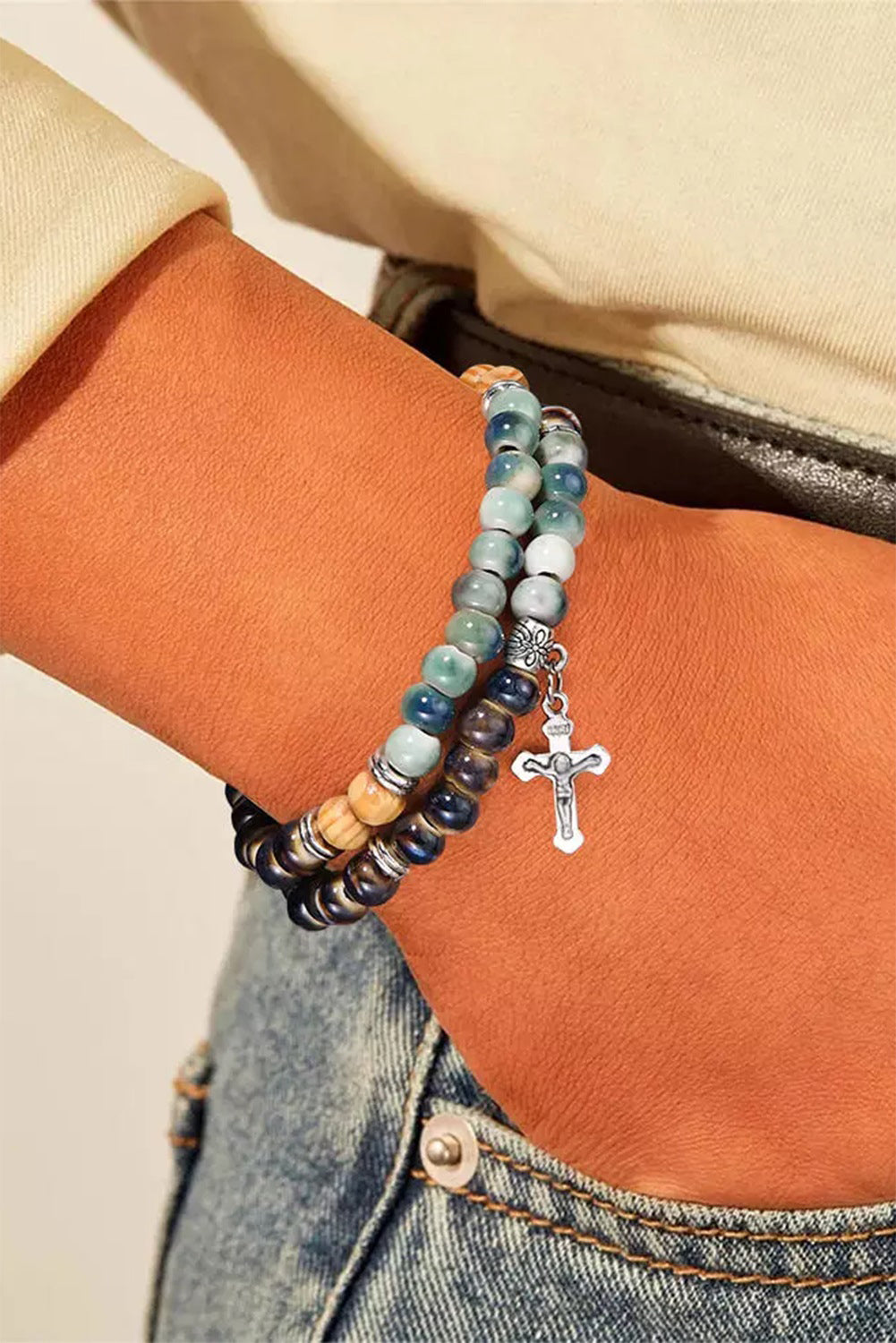 Vintage Double-Layered Bracelet with Beads and Metal Cross