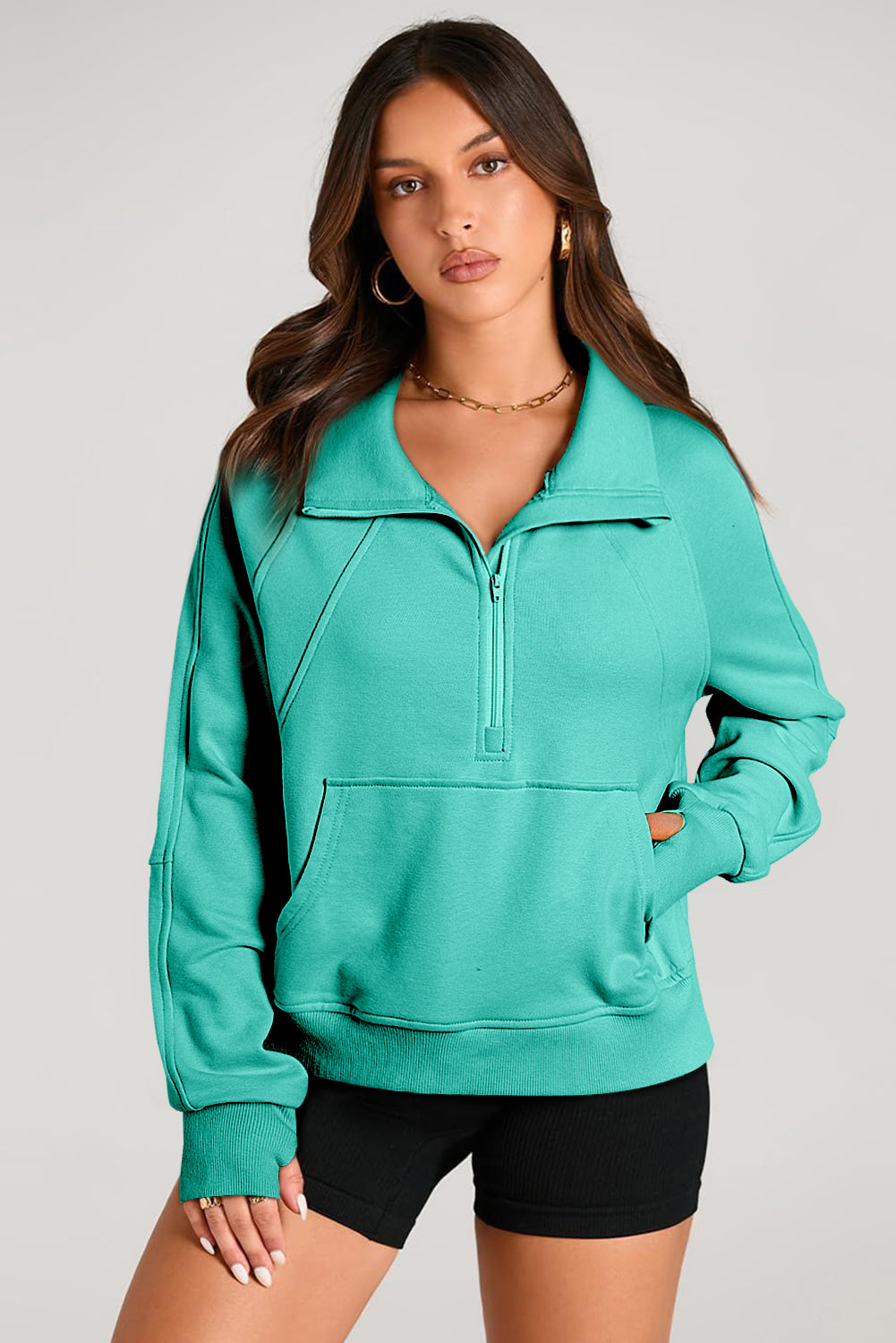 Versatile Stand Neck Quarter Zip Pullover with Kangaroo Pocket