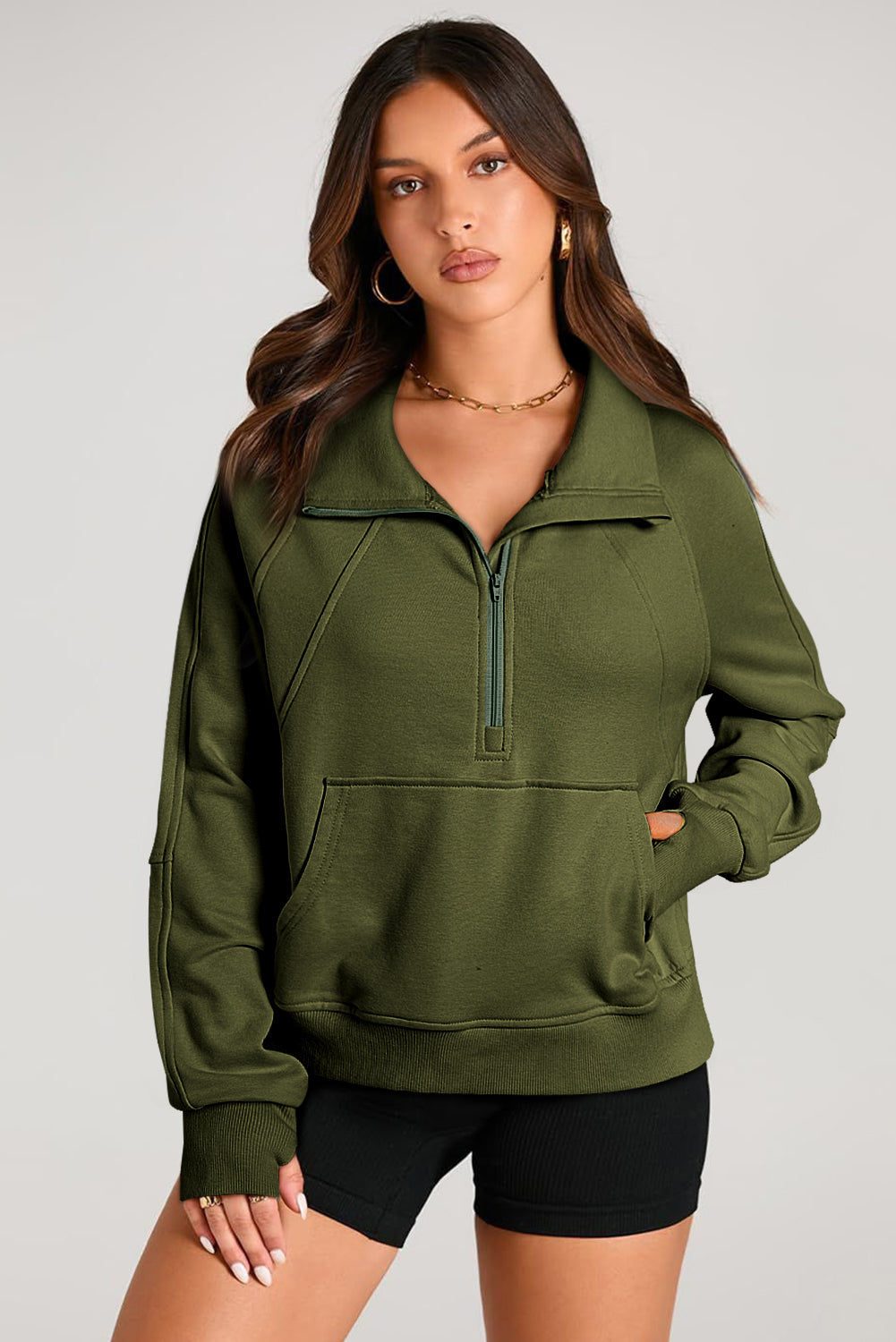 Versatile Stand Neck Quarter Zip Pullover with Kangaroo Pocket
