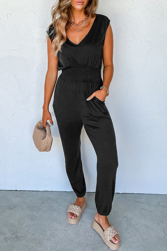 Sleeveless V-Neck Shirred Jumpsuit with Keyhole Back
