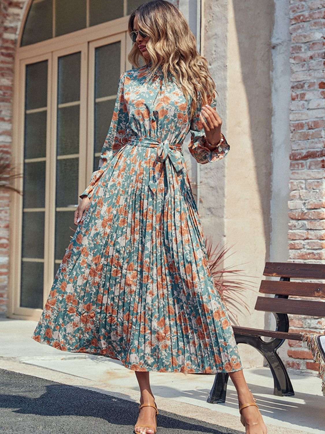 Tied Pleated Floral Printed Mock Neck Long Sleeve Dress