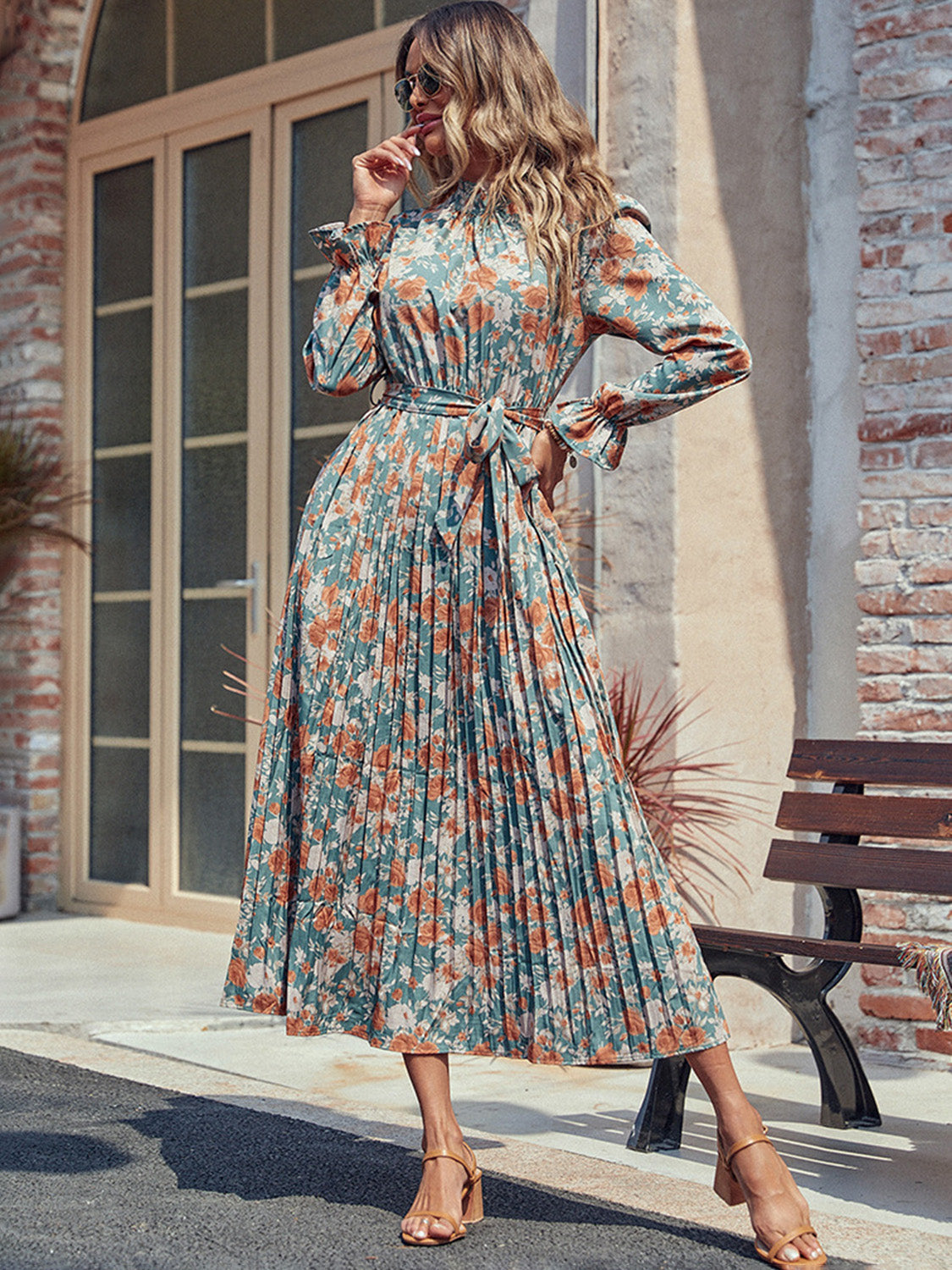 Tied Pleated Floral Printed Mock Neck Long Sleeve Dress