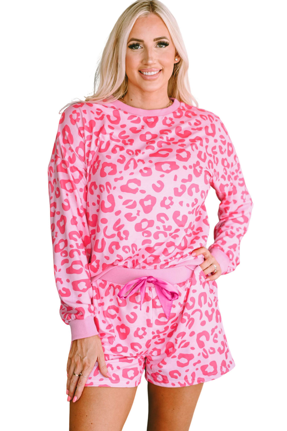 Pink Leopard Long Sleeve Satin Two Piece Set