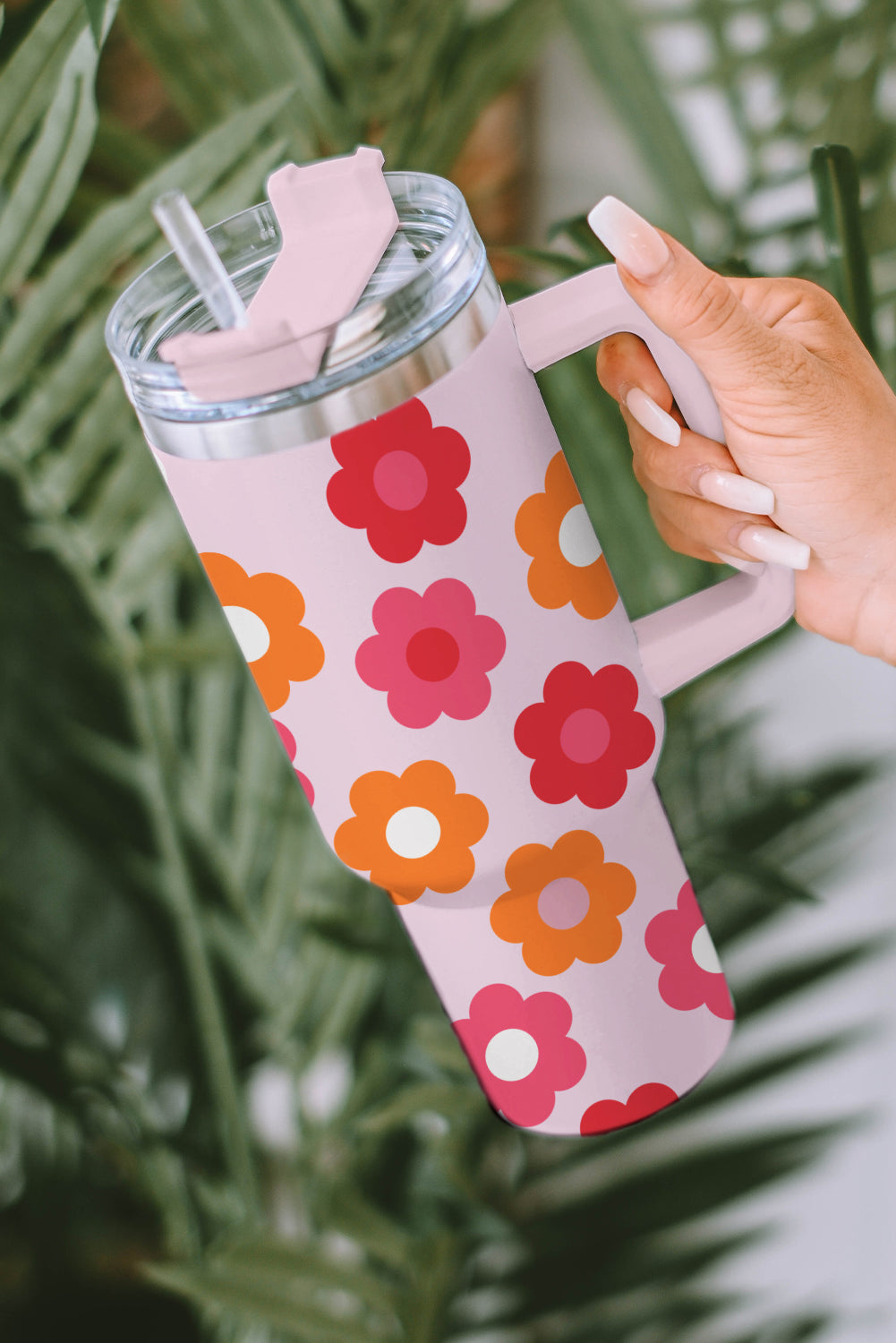 Flower Print Handled Stainless Steel Vacuum Cup 40oz