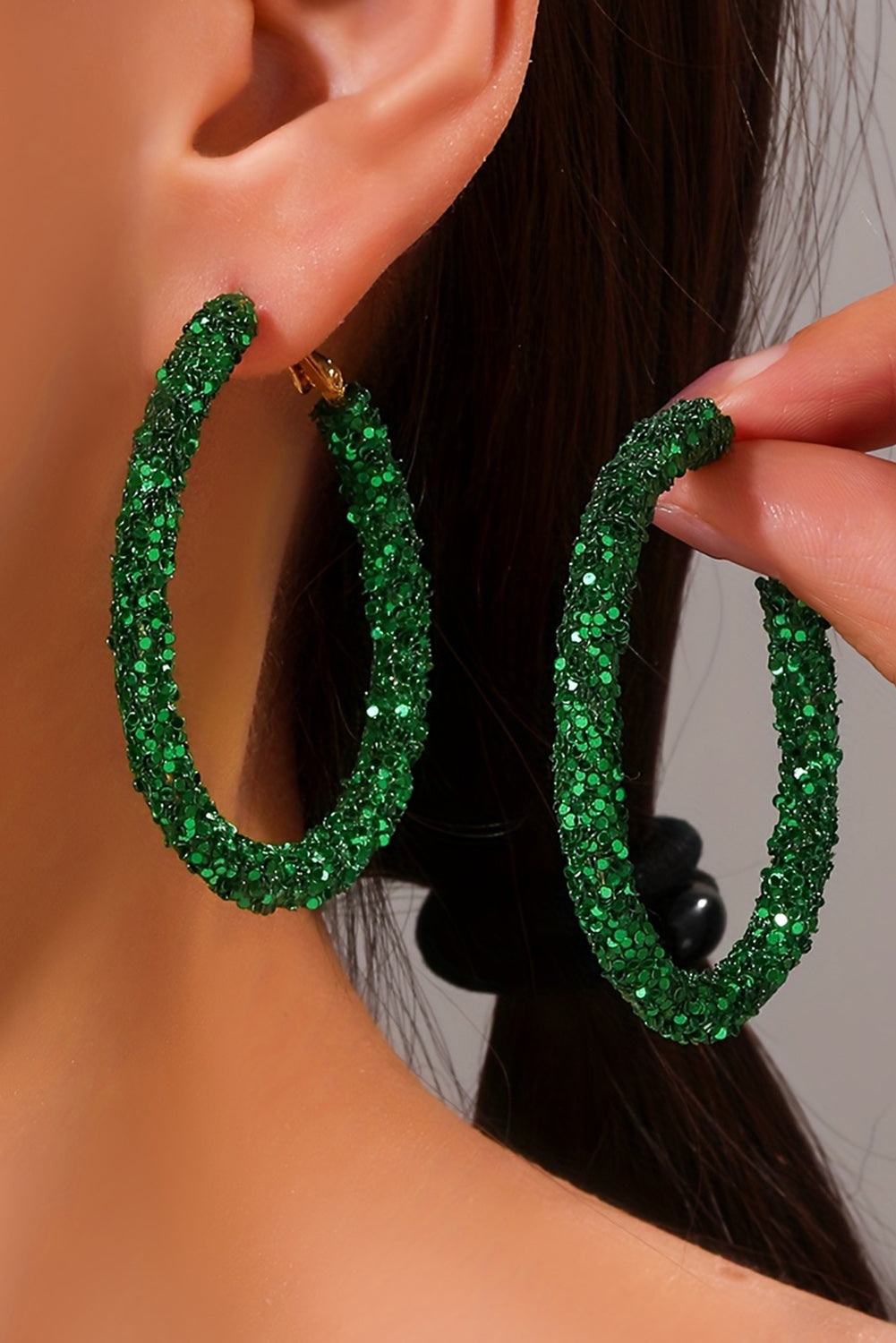 Dark Green Daring Sequin Loop Earrings