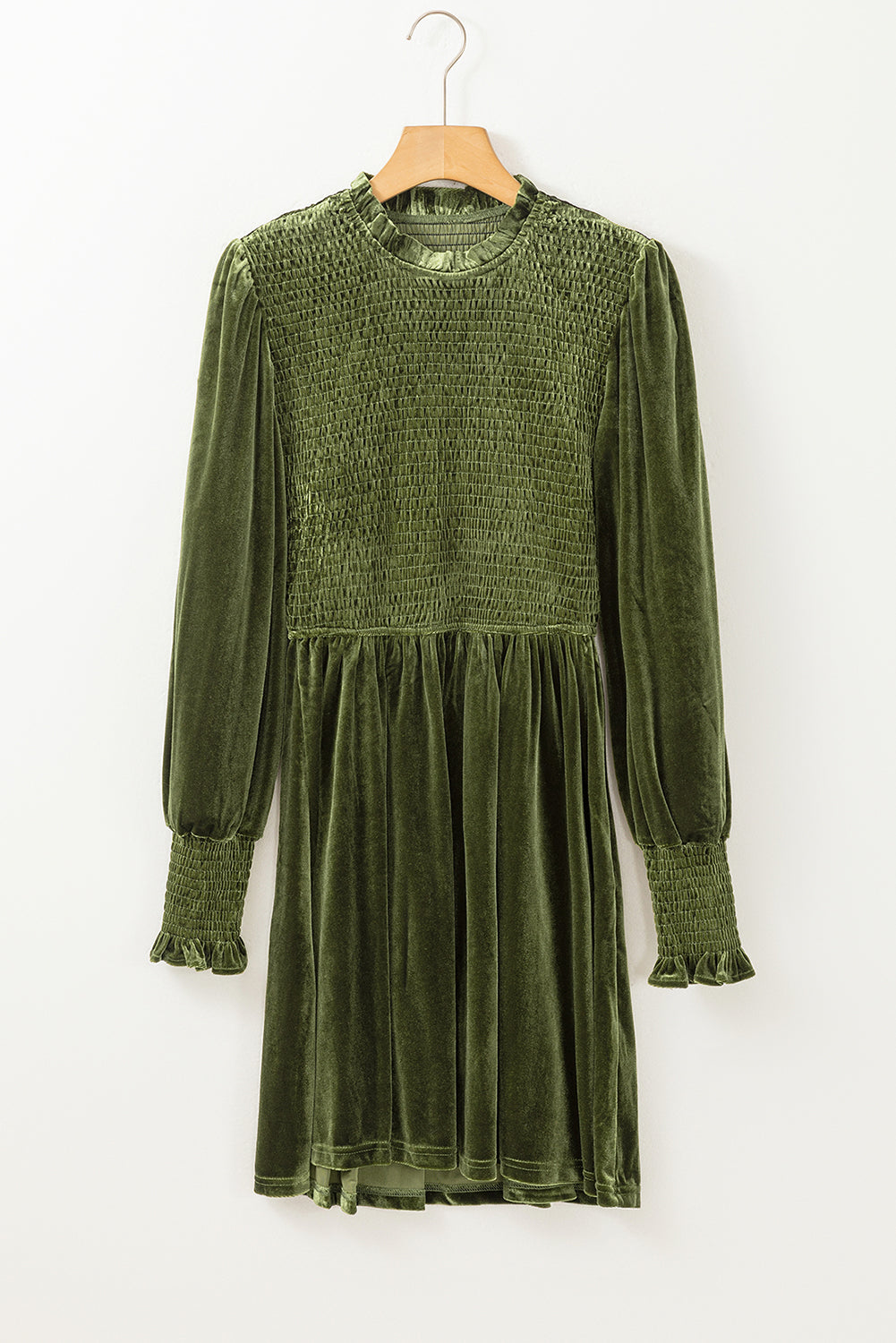 Red Smocked Lantern Sleeve Frilled Velvet Dress