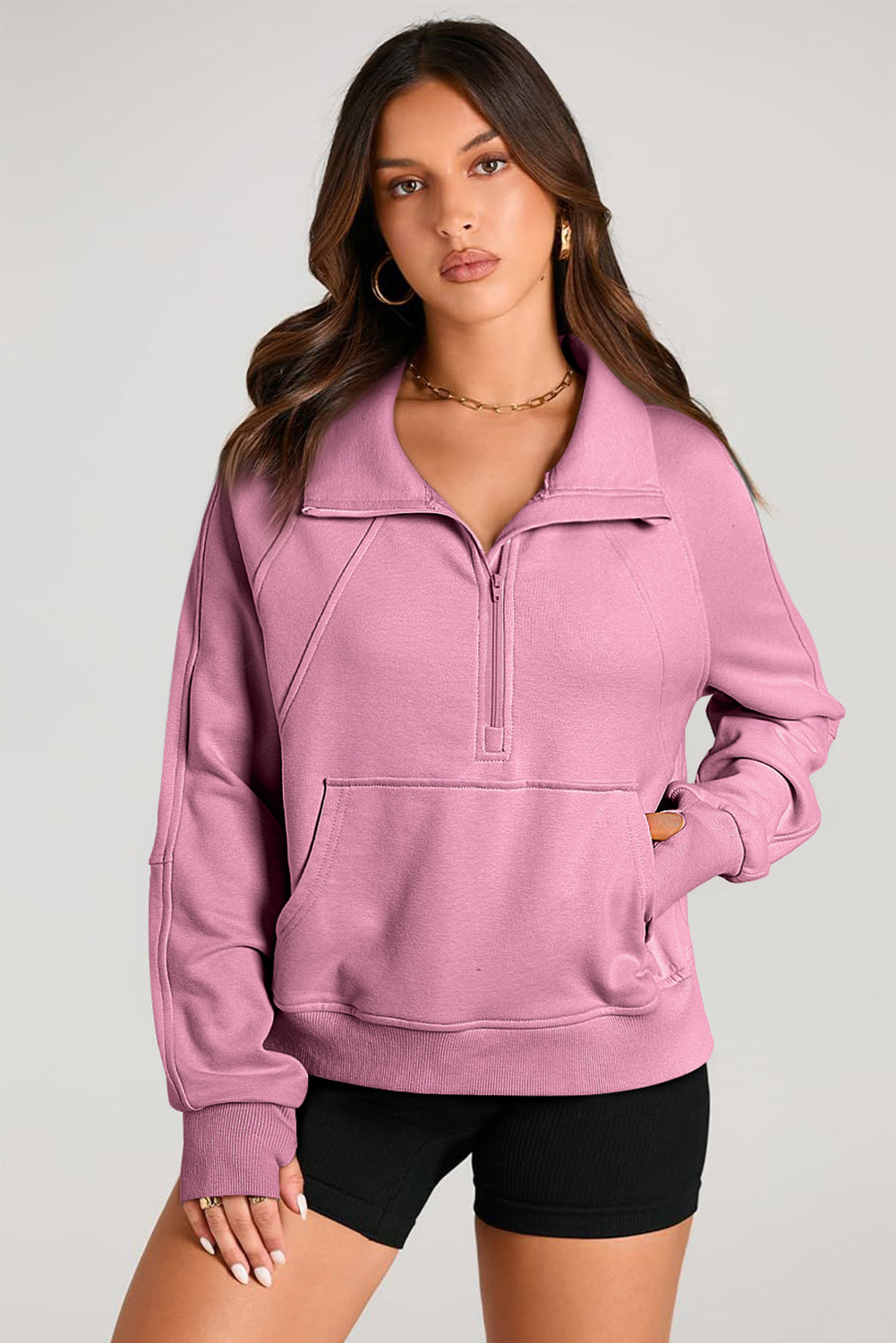 Versatile Stand Neck Quarter Zip Pullover with Kangaroo Pocket