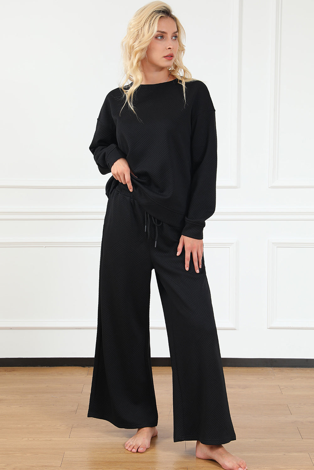 Textured Loose Slouchy Long Sleeve Top and Pants Set