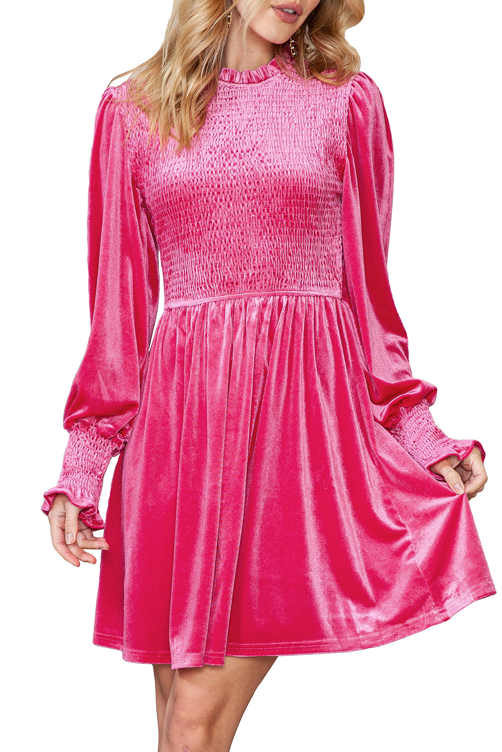 Red Smocked Lantern Sleeve Frilled Velvet Dress
