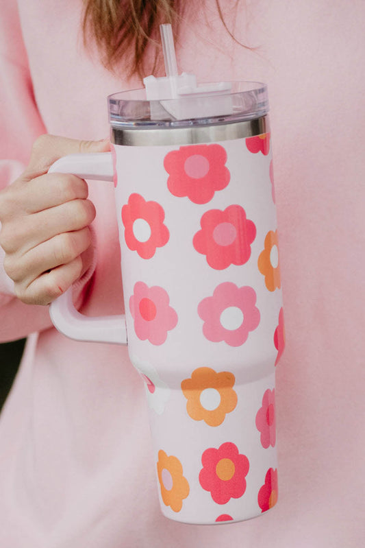 Flower Print Handled Stainless Steel Vacuum Cup 40oz