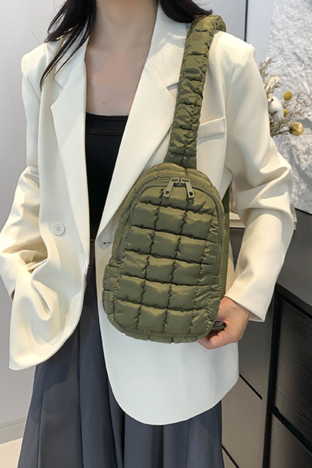 Olive Green Quilted Crossbody Bag