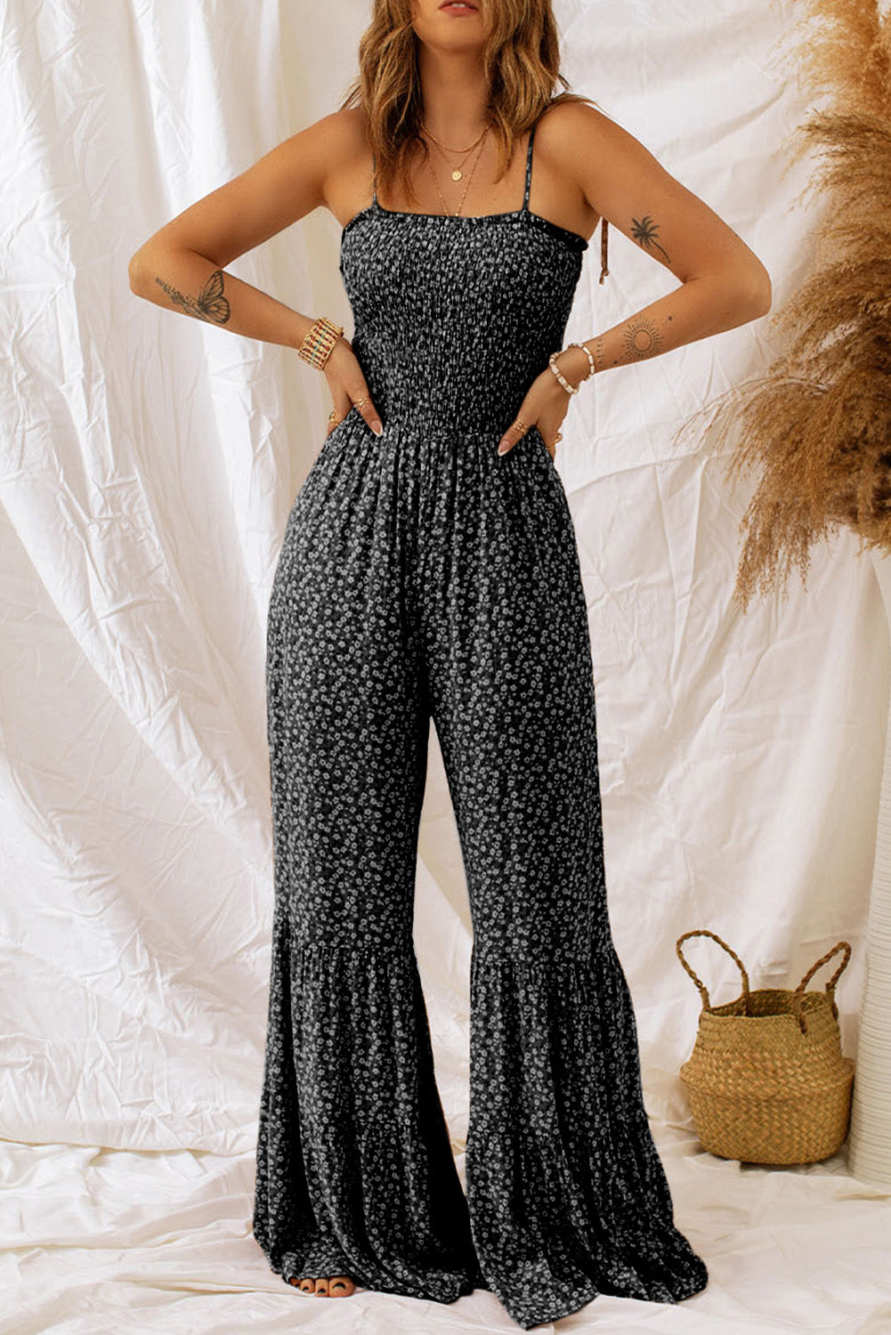 Floral Spaghetti Strap Jumpsuit with Smoked Bodice and Wide Leg