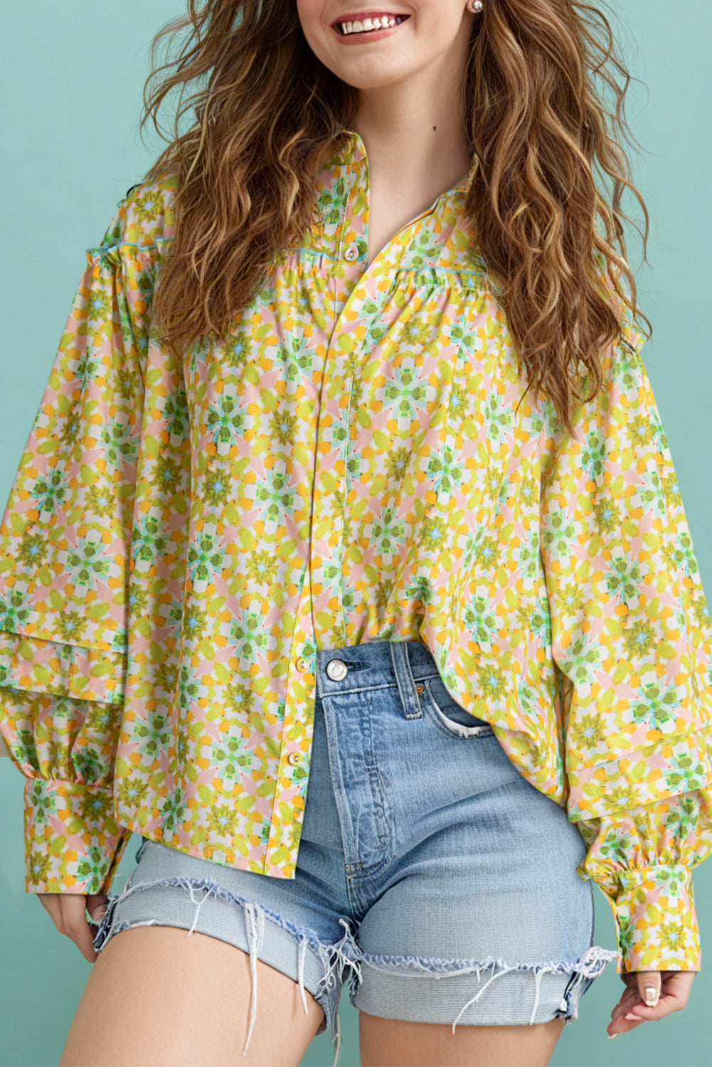 Green Boho Floral Frill Detail Long Sleeve Blouse