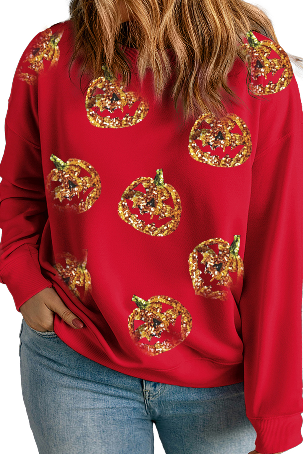 Apricot Sequin Pumpkin Face Graphic Plus Size Halloween Sweatshirt