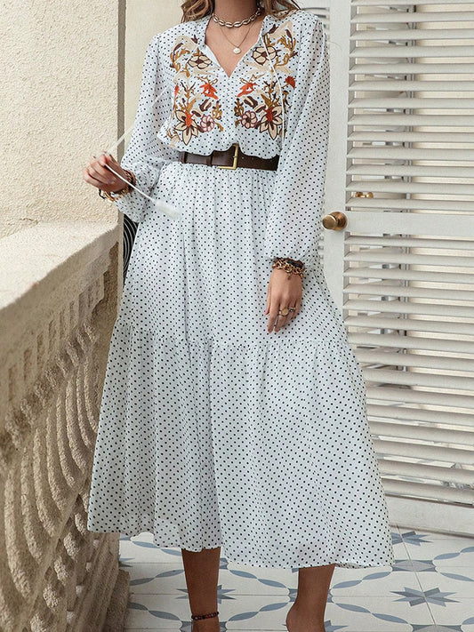 Boho Floral Embroidered Polka Dot Plus Size Midi Dress with Tie Neck