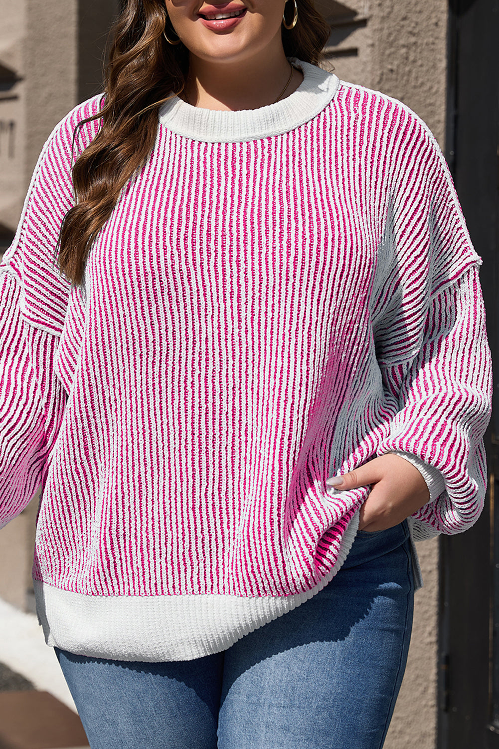 Pink Striped Textured Sweater