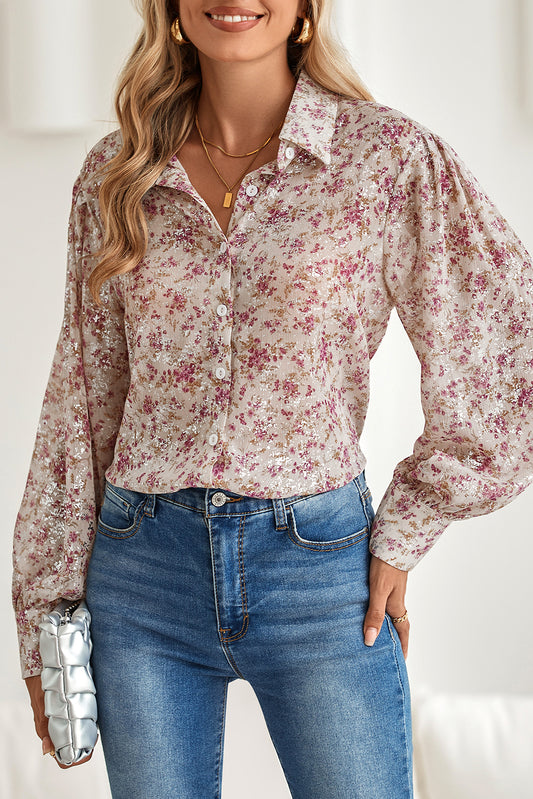 Pink Floral Bishop Sleeve Collared Blouse