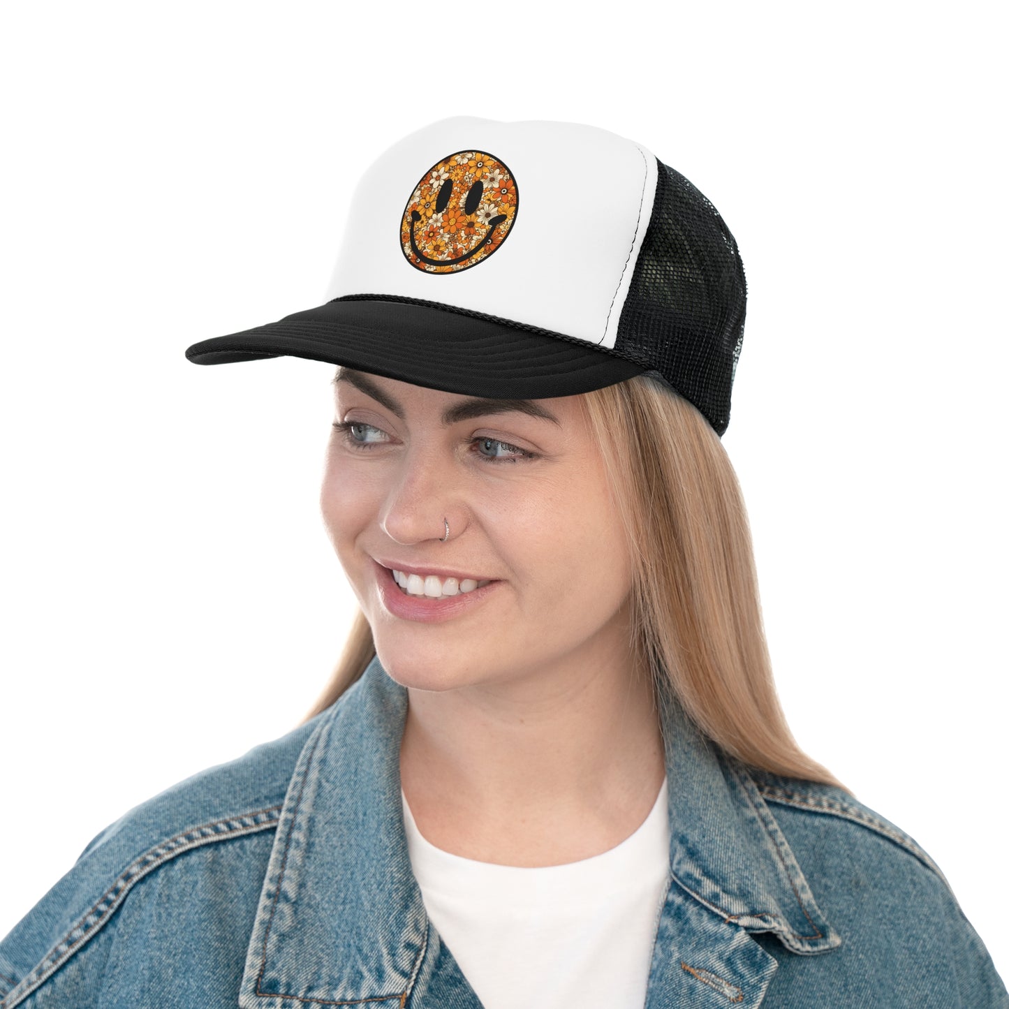 Floral Print Smily Trucker Caps