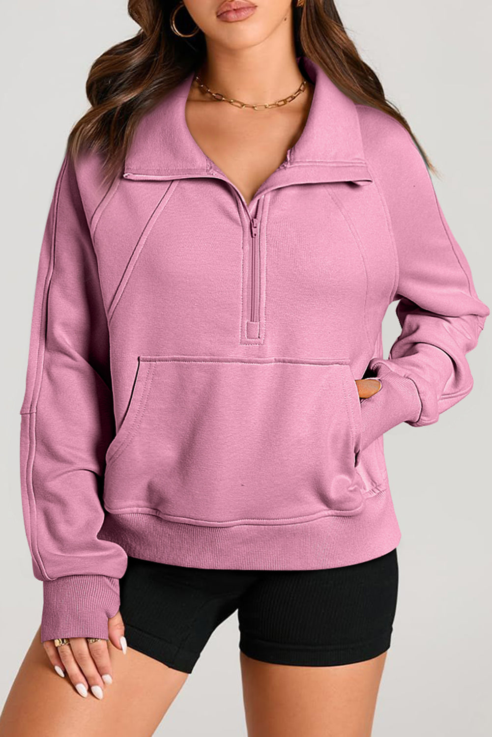 Versatile Stand Neck Quarter Zip Pullover with Kangaroo Pocket