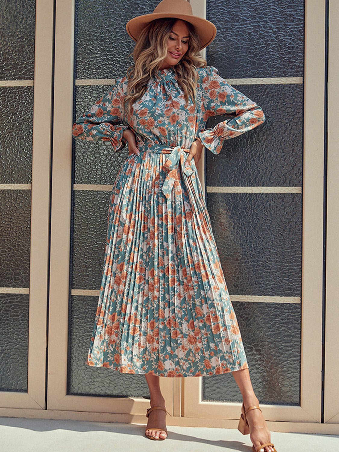 Tied Pleated Floral Printed Mock Neck Long Sleeve Dress