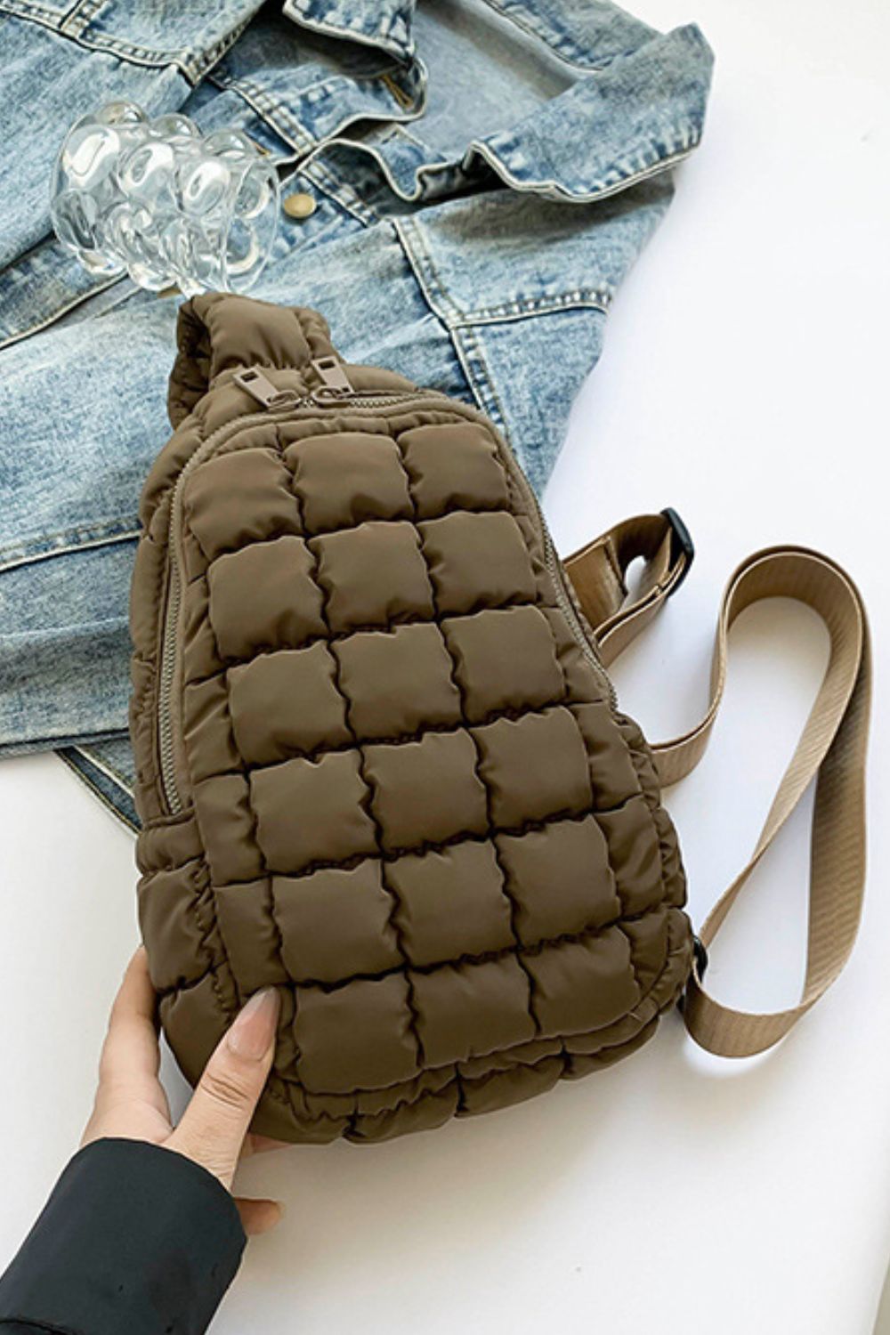 Olive Green Quilted Crossbody Bag