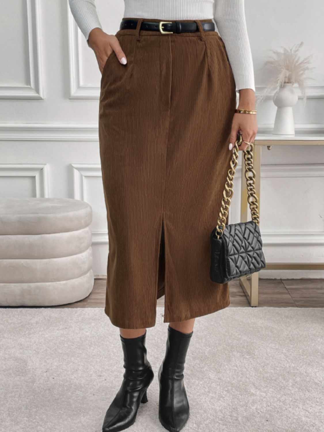 Cordory Slit Midi Skirt with Pockets