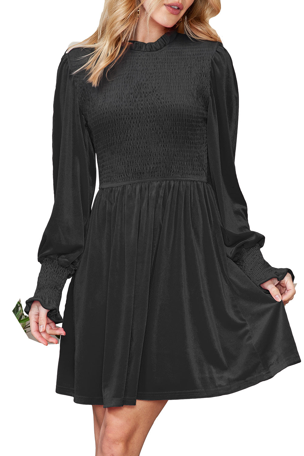 Red Smocked Lantern Sleeve Frilled Velvet Dress