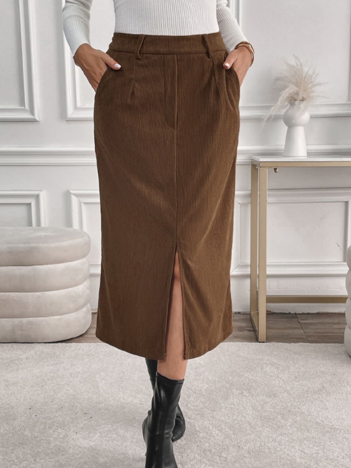 Cordory Slit Midi Skirt with Pockets