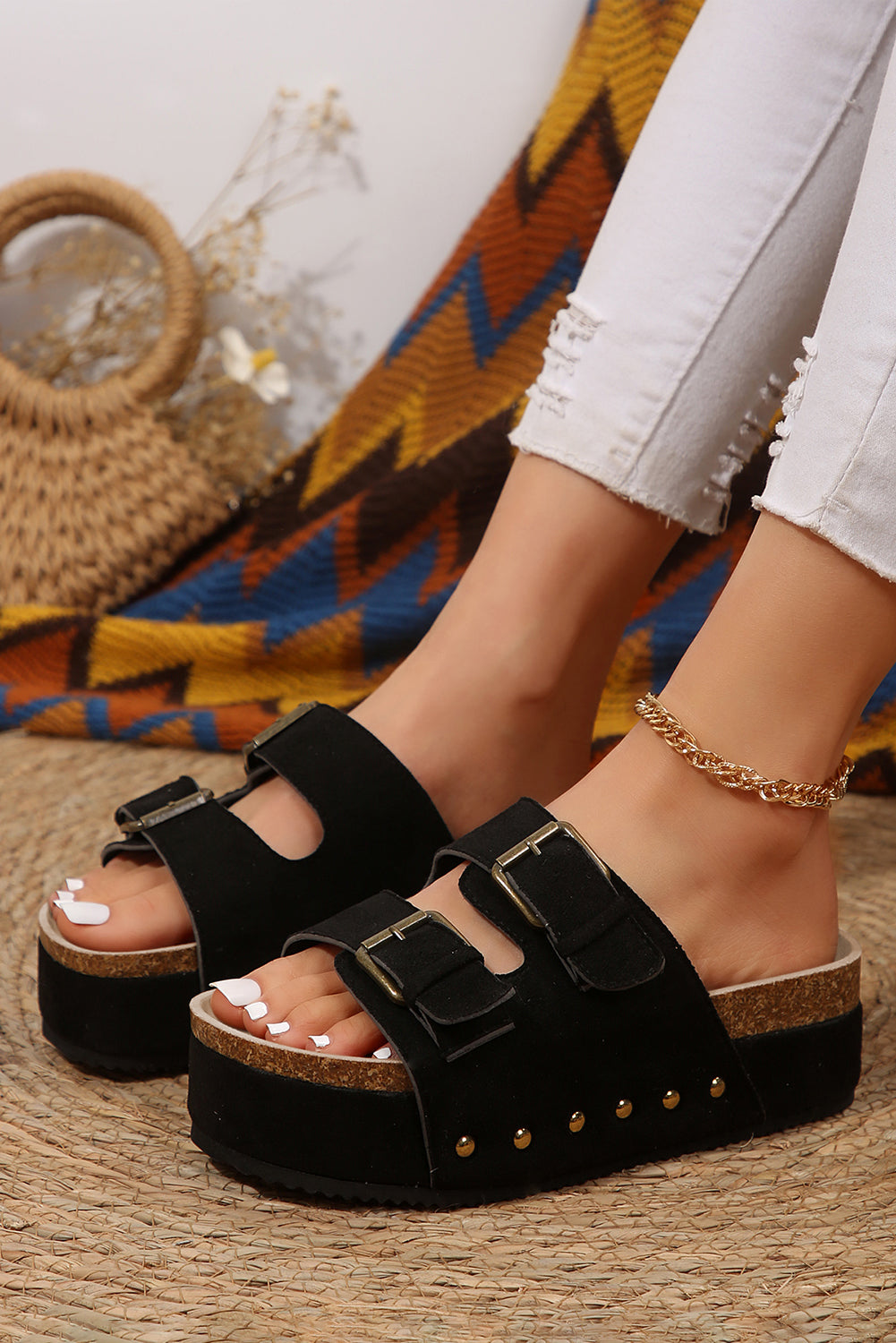 Suede Buckle Decor Corky Platform Slides