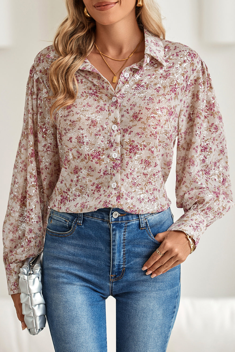 Pink Floral Bishop Sleeve Collared Blouse