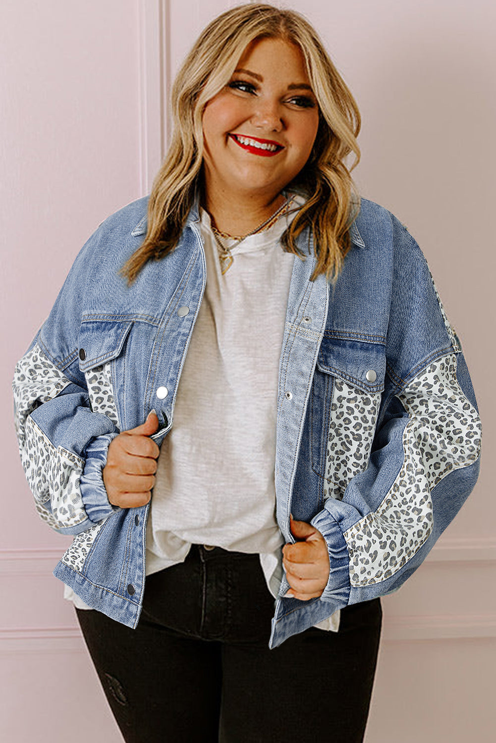 Plus-Size Denim Jacket with Trendy Leopard Patchwork and Flap Detail