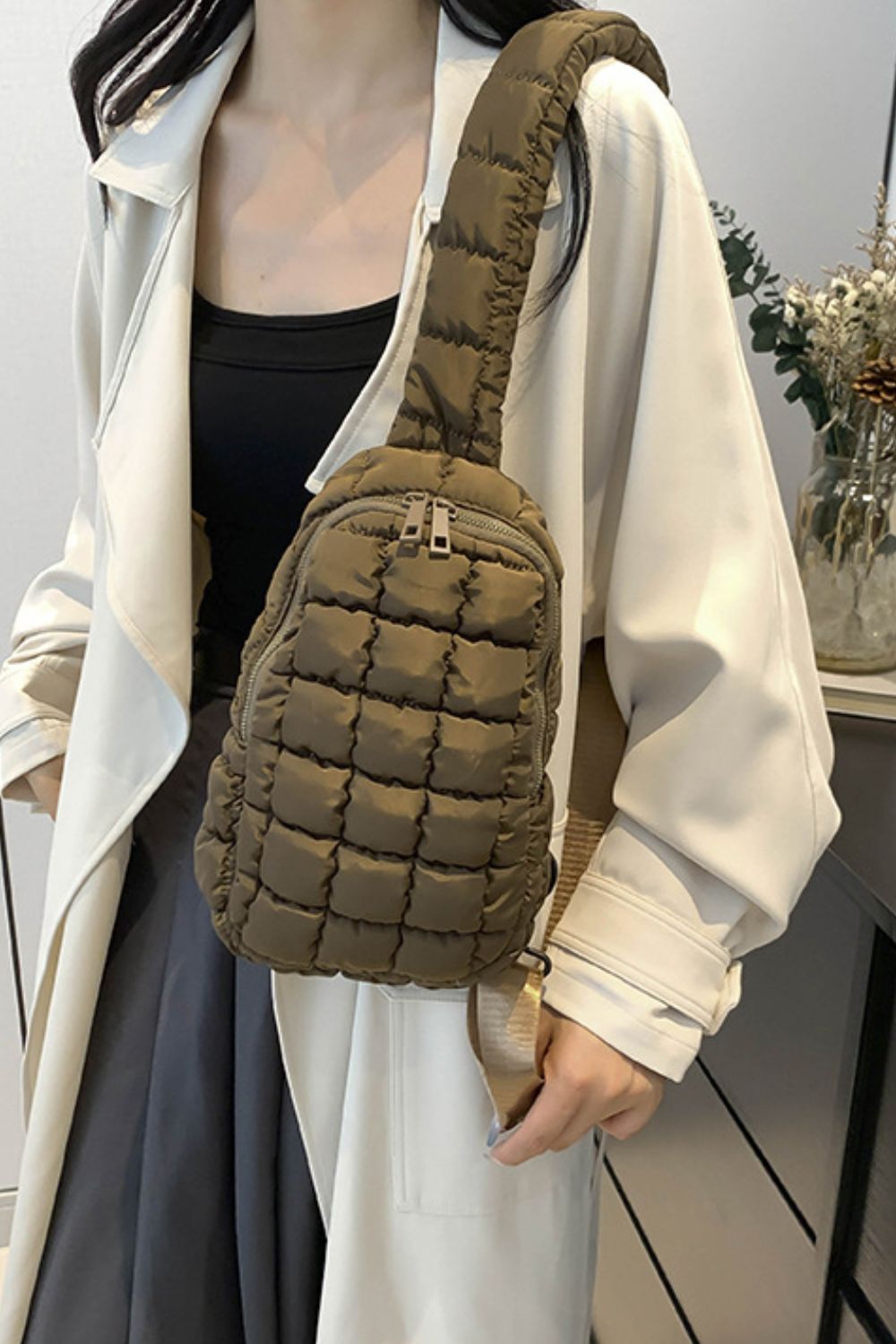 Olive Green Quilted Crossbody Bag
