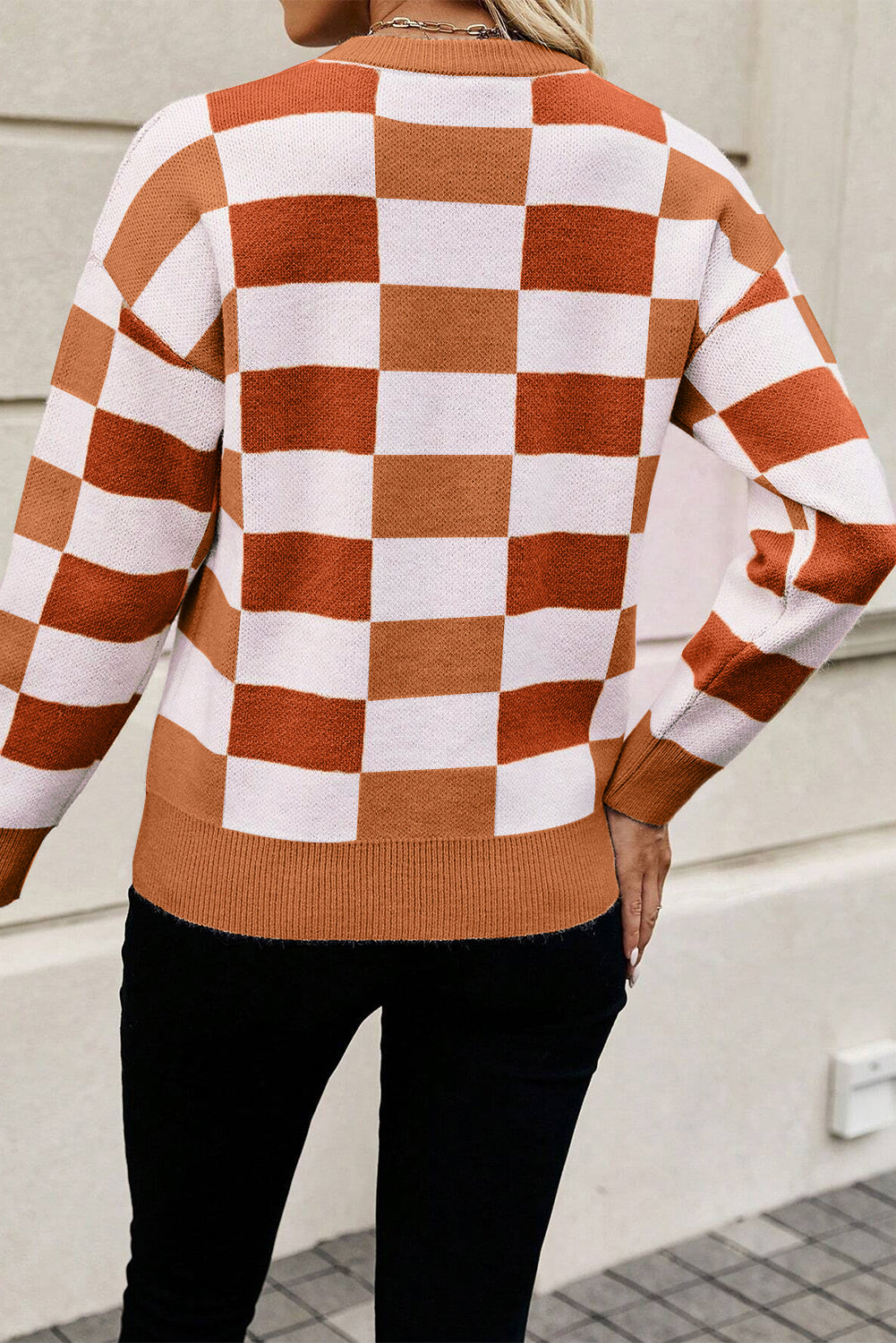 Pink Checkered Ribbed Edge Shoulder Sweater