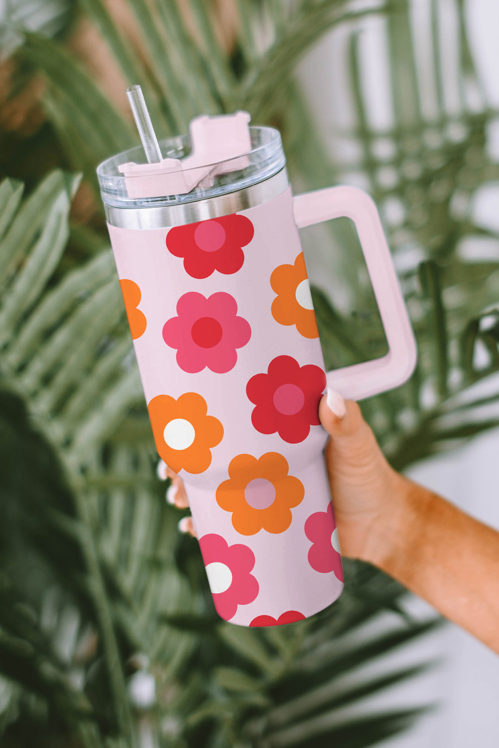 Flower Print Handled Stainless Steel Vacuum Cup 40oz