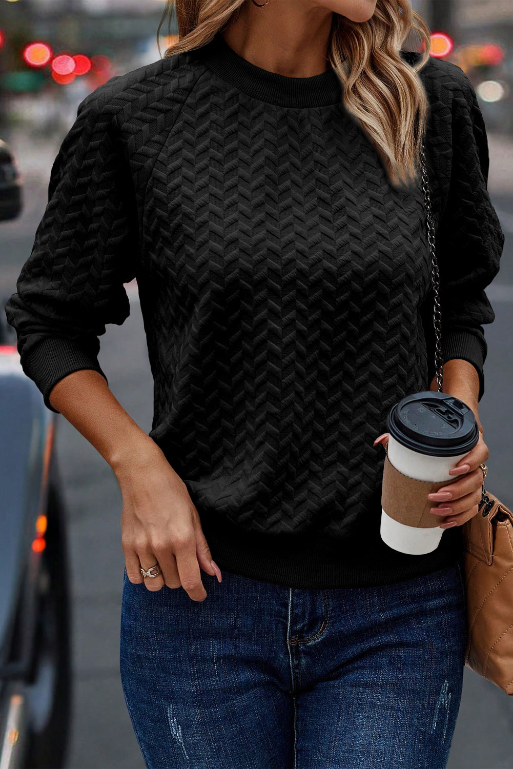 Green Solid Color Textured Raglan Sleeve Pullover Sweatshirt