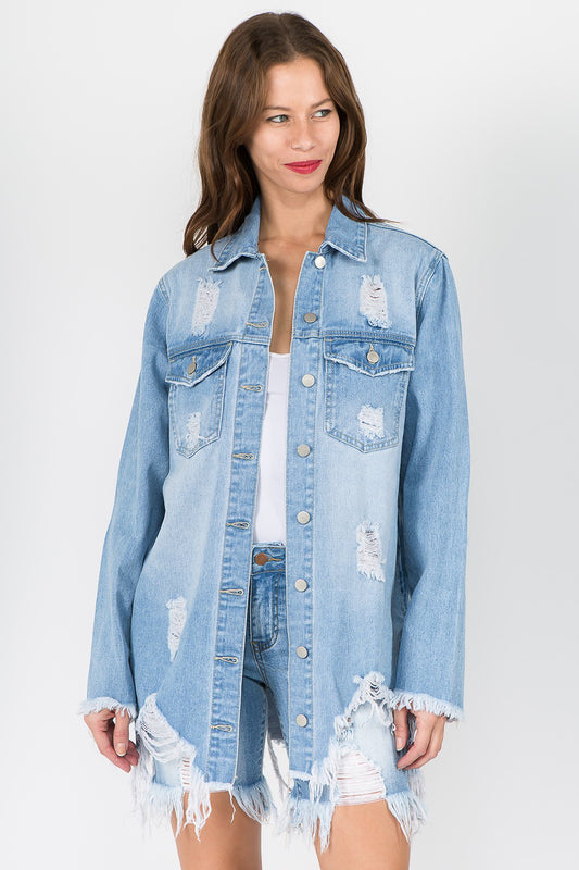 Trendy Distressed Frayed Hem Denim Jacket for Effortlessly Cool Style